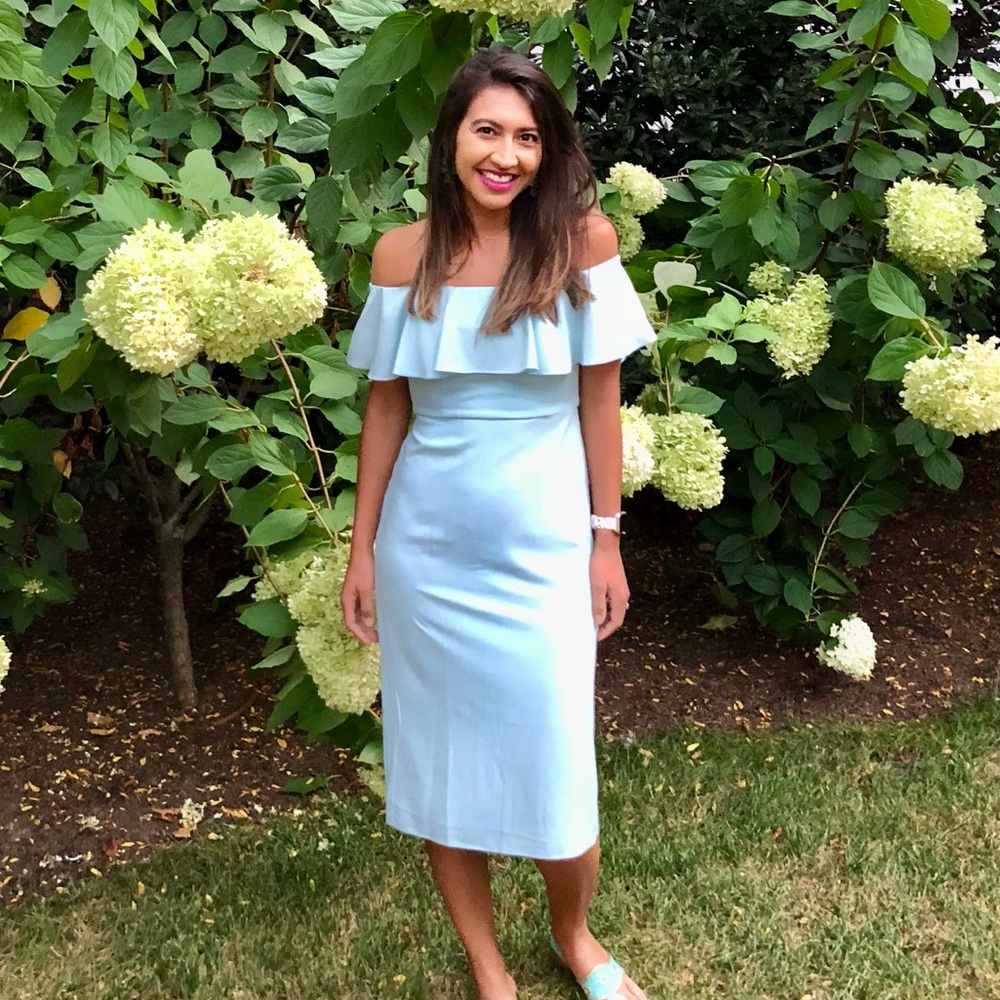 Halston Heritage blue pastel off the shoulder